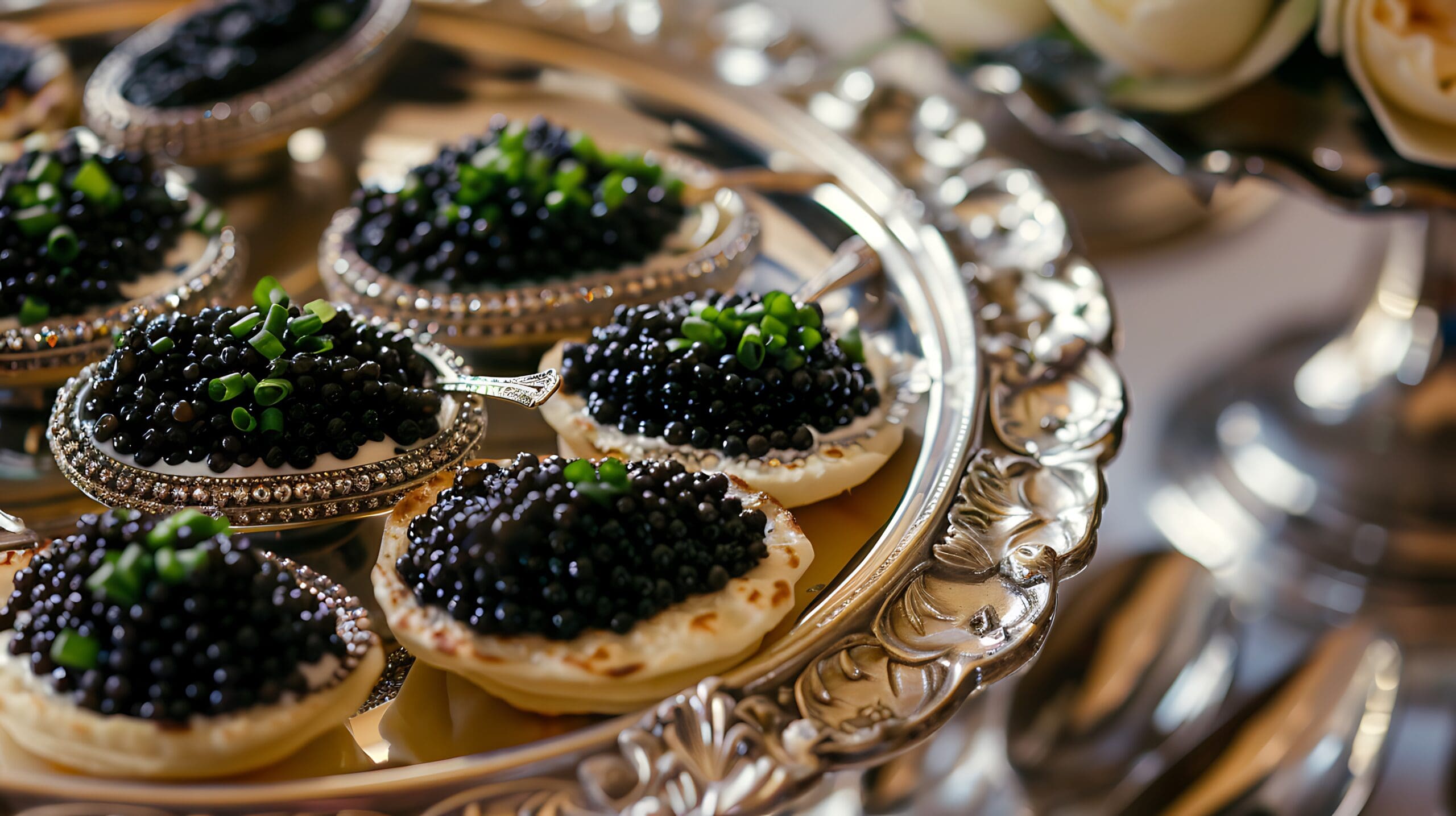 Caviar served on crème fraîche and blinis