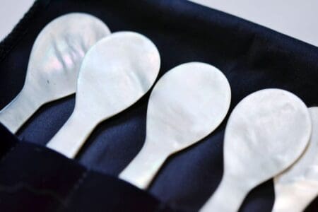 mother of pearl caviar spoons in lined box