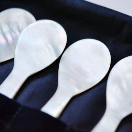 mother of pearl caviar spoons in lined box