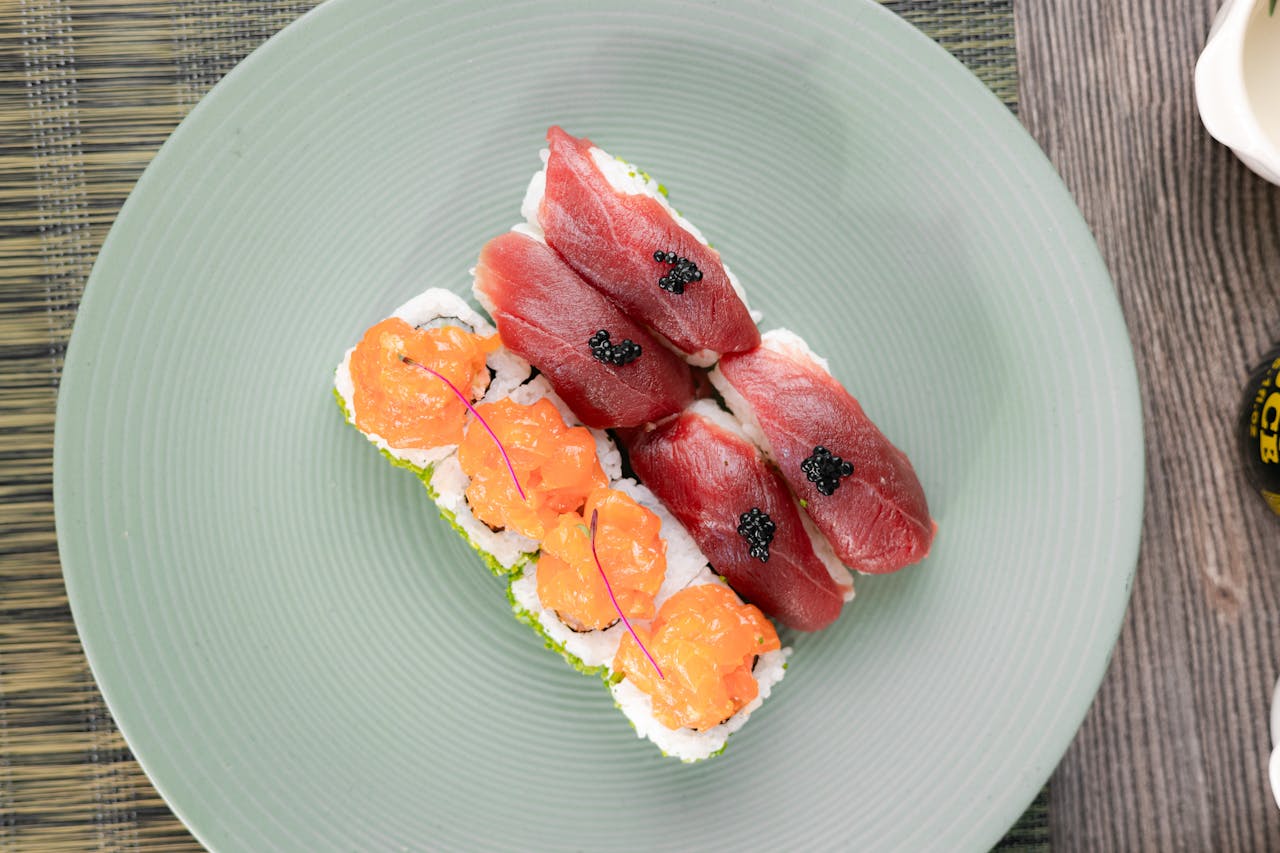 sushi and tuna nigiri with caviar on plate