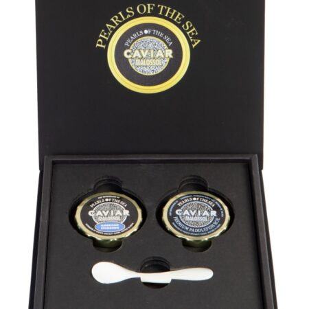 two jars of caviar and mother-of-pearl spoon in gift box