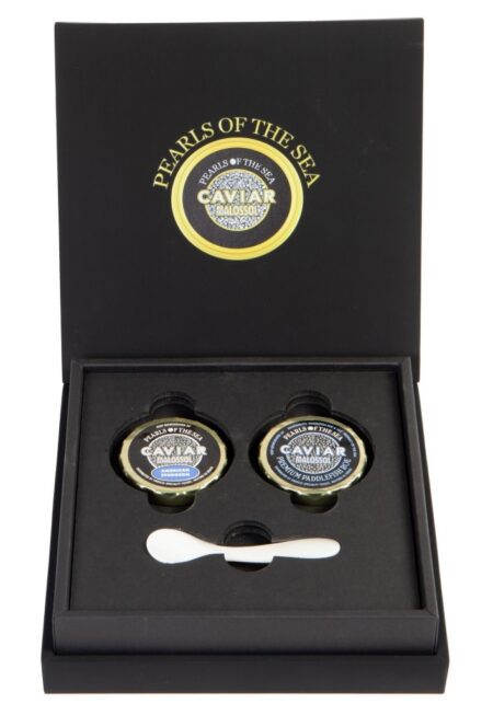 two jars of caviar and mother-of-pearl spoon in gift box