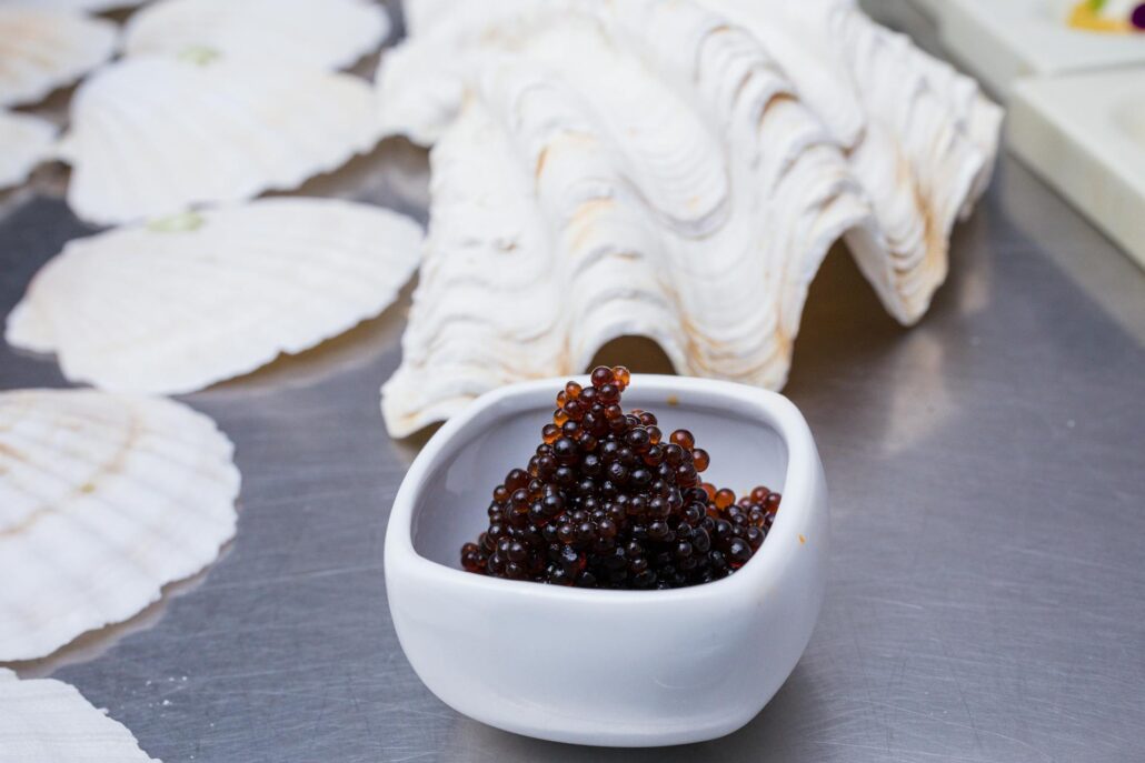 caviar in bowl and shells on metal surface