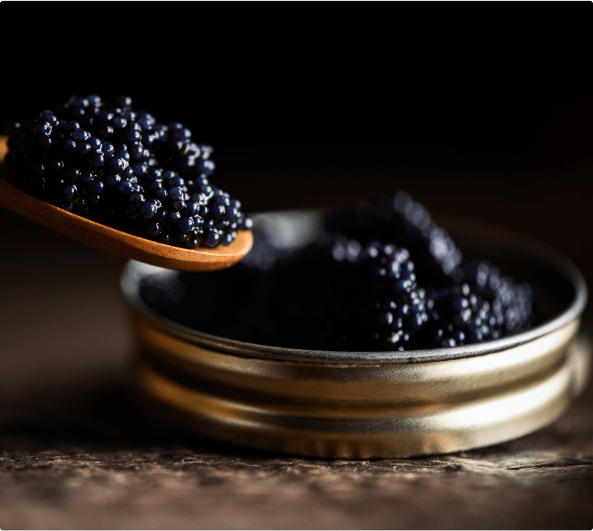 Tin and spoon full of black caviar