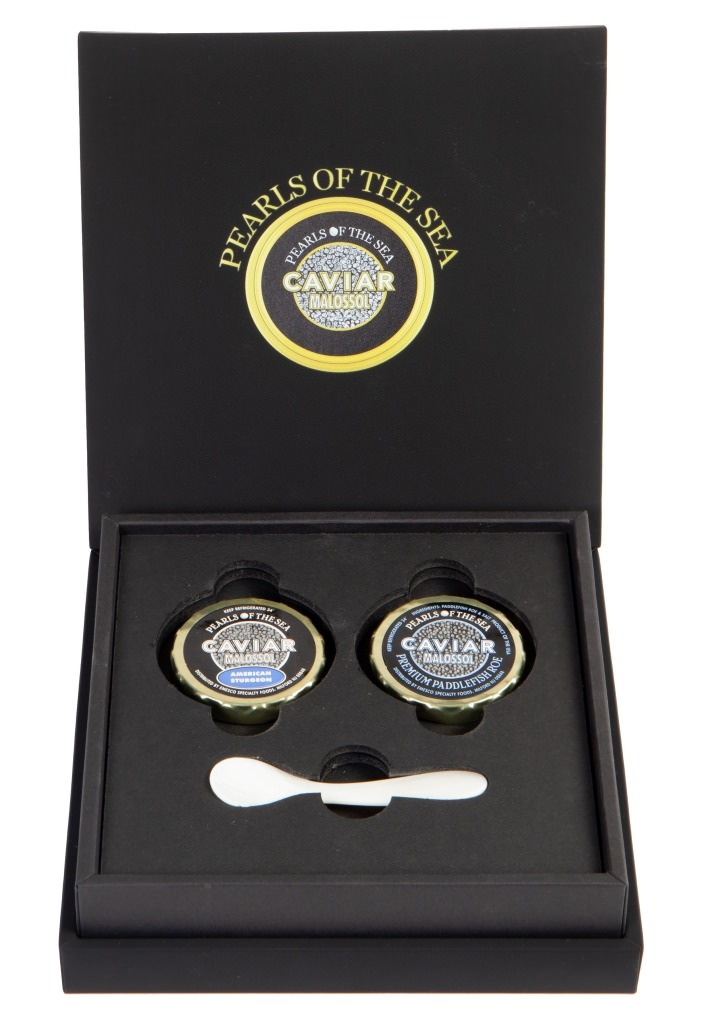 two jars of American caviar and mother of pearl spoon in box