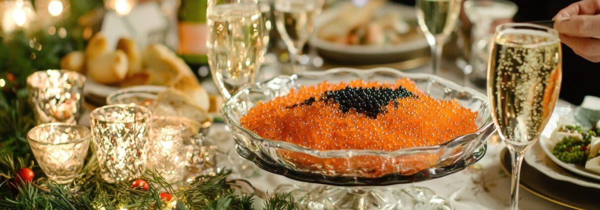 New Year’s Eve dinner party with caviar, roe, and champagne