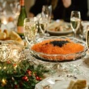 New Year’s Eve dinner party with caviar, roe, and champagne