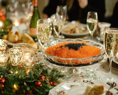 New Year’s Eve dinner party with caviar, roe, and champagne