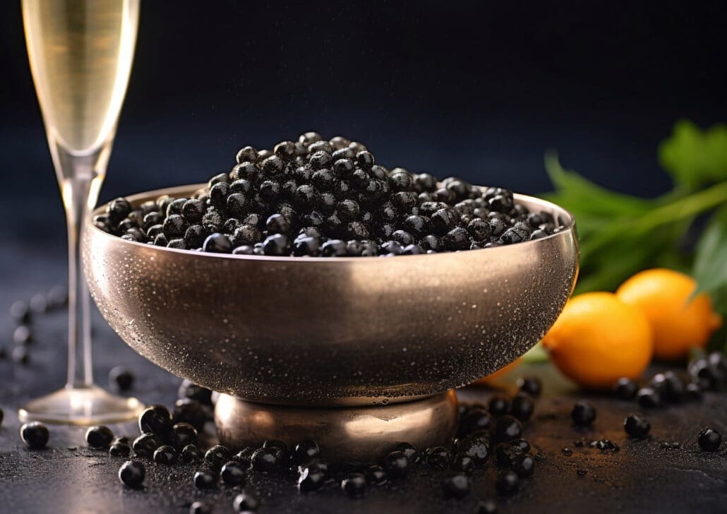 A bowl of caviar with a glass of champagne