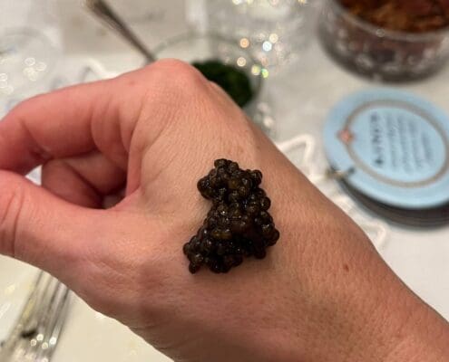 A dollop of caviar on the back of a person’s hand