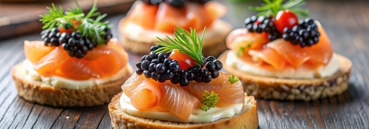 Canapes topped with salmon and caviar