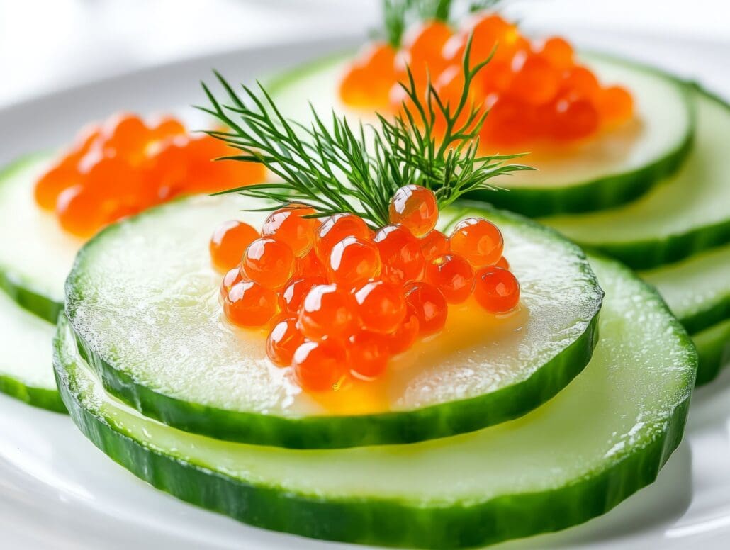 Cucumber slices topped with roe caviar