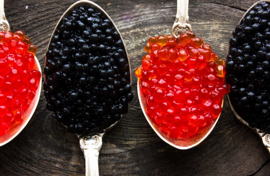 Tablespoons with black and red roe caviar