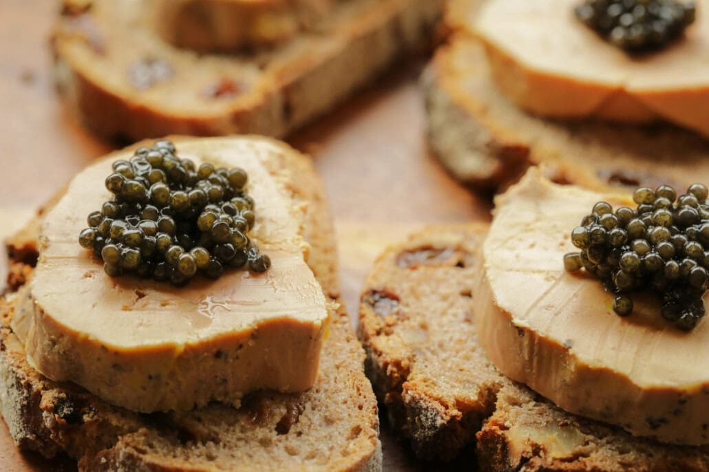 Caviar on foie gras and bread