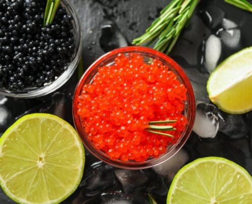 Caviar and roe in glass jars